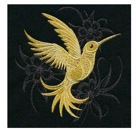 A gold hummingbird embroidery on a black background

AI-generated content may be incorrect.