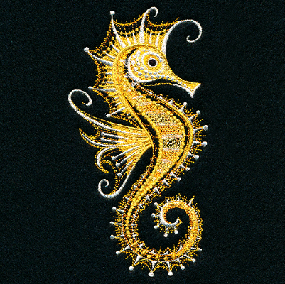 A seahorse embroidery on a black background

AI-generated content may be incorrect.