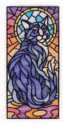 A stained glass cat with a blue and white cat

AI-generated content may be incorrect.
